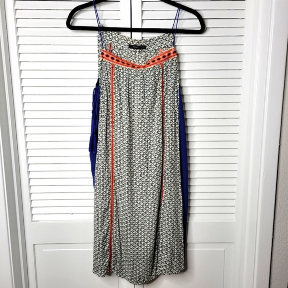 THML Sheath Dress Large Black Blue Tassels Sleeveless Gometric Print Lightweight